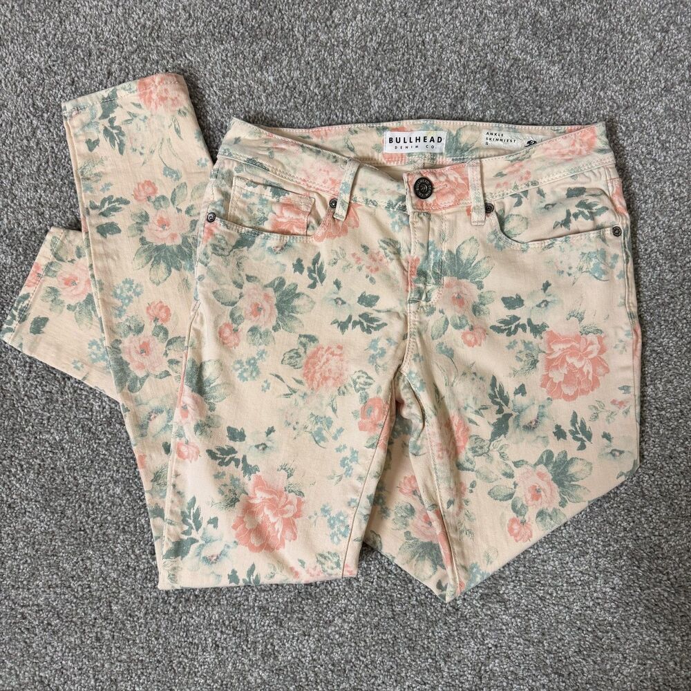 Bullhead Denim Co Jeans Womens 5 Beige Floral Print Ankle Skinniest Stretch